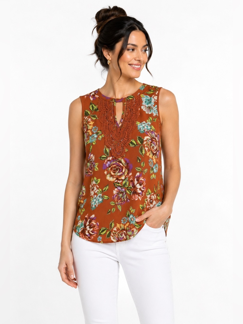 NWT Daniel Rainn Mixed Media Floral Blouse in Burnt Orange Size XSP